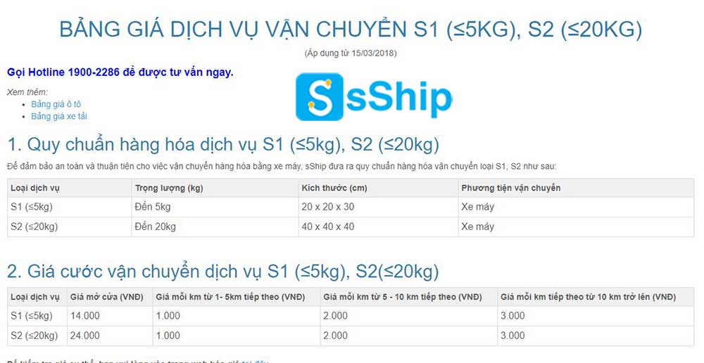 Bảng giá dịch vụ vận chuyển bằng xe máy sShip