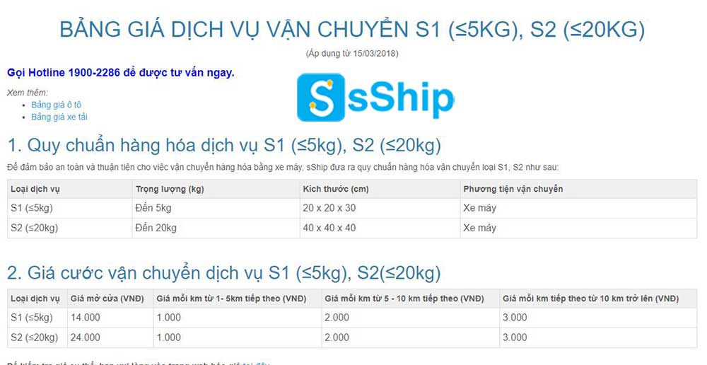 Bảng giá dịch vụ vận chuyển bằng xe máy sShip