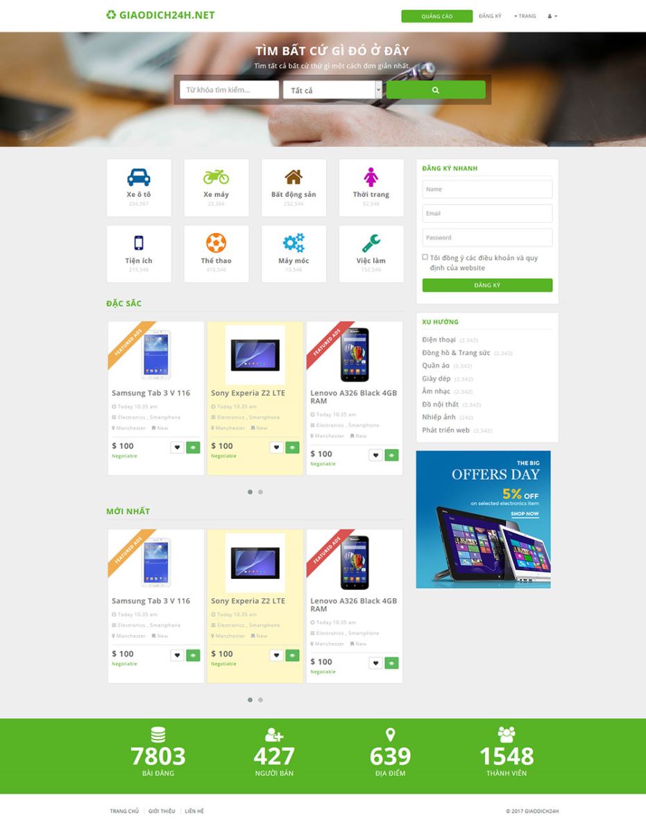 Mẫu website rao vặt, đăng tin hiện đại 2017
