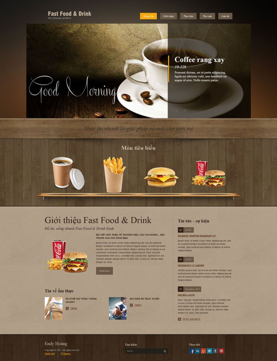 Mẫu website thức ăn nhanh, quán cafe... thiết kế sang trọng, tối giản