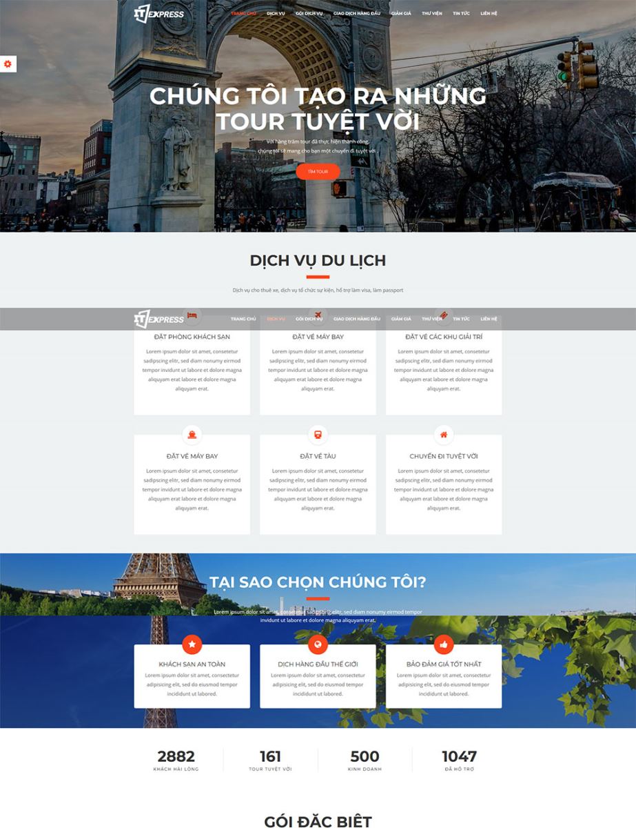 Mẫu website du lịch, giới thiệu tour trình bày menu trượt trên cùng trang